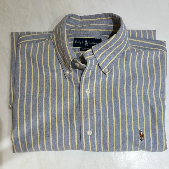 Ralph Lauren Classic Fit Striped Oxford Shirt, Blue with Yellow Stripe SZ Large - Picture 1 of 6